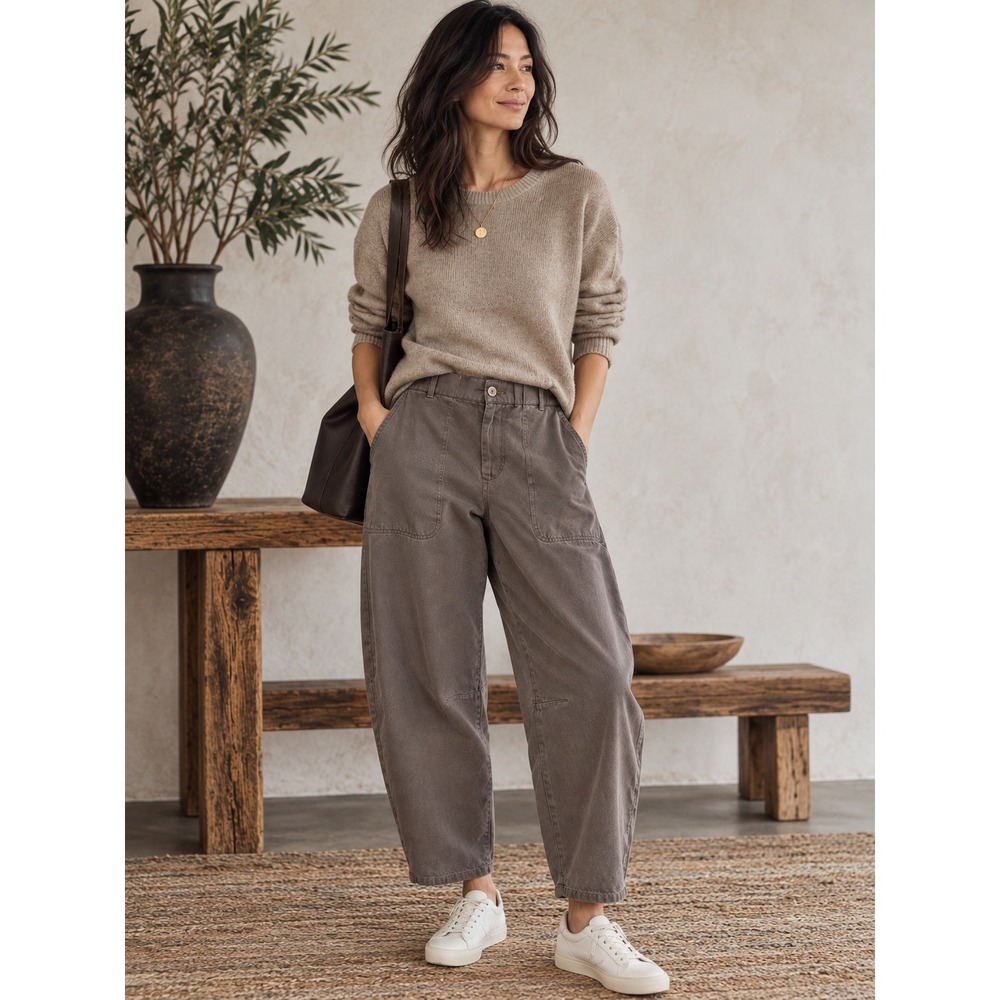 Eileen Fisher Organic Cotton Barrel Leg Relaxed Pants Brown Taupe Lagenlook S